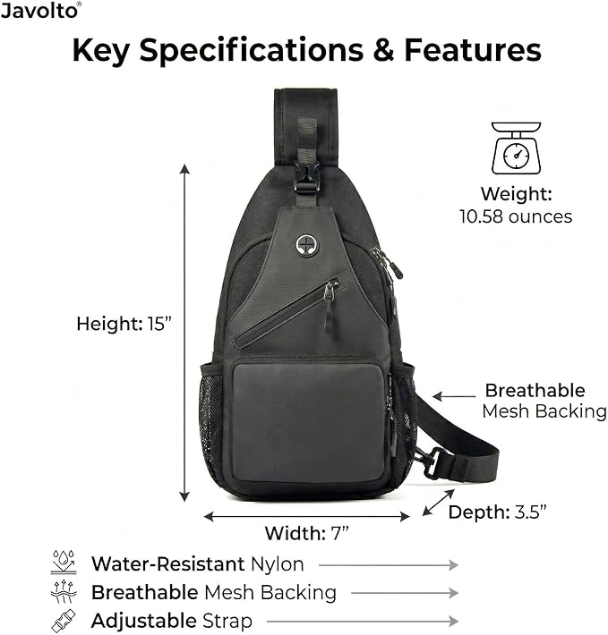 Javolto Sling Bag for Men Crossbody Backpack, Small Sling Backpack Mens Shoulder Bag, Casual Daypack Hiking Bag for Travel