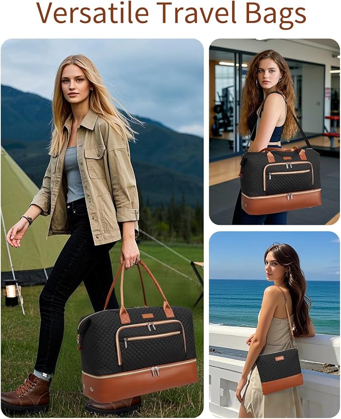 Large Weekender Bags for Women Travel, Under Seat Carry On Bags for Airplanes Overnight Bag with Shoe Compartment Luggage Sleeve, Foldie Travel Tote Bag Hospital Bag, Travel Gifts, Black Brown