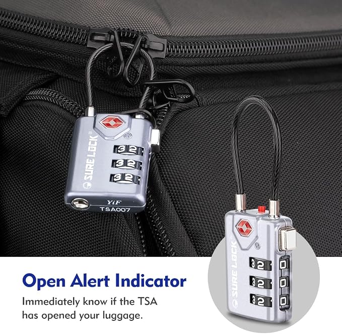SURE LOCK TSA Approved Luggage Locks with Open Alert Indicator, 3 Digit Combination Cable Travel Lock for Suitcase, Backpack, Gym Locker, Toolbox & Travel Bag(Grey 4 Pack)