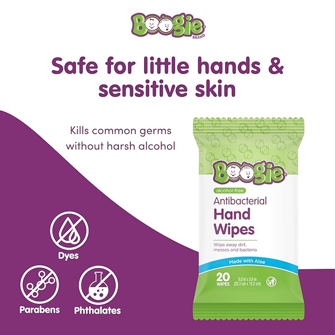 Boogie Antibacterial Hand Wipes - 120 Count - Hypoallergenic & Alcohol-Free - Travel and Diaper Bag Essential
