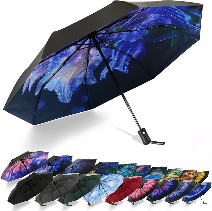 SY COMPACT Travel Umbrella - Windproof Automatic Compact Umbrella for Rain, Lightest 8-Rib, Small, Strong & Portable, Durable Grip, Fits Backpack & Car, Factory Direct (UV Available)