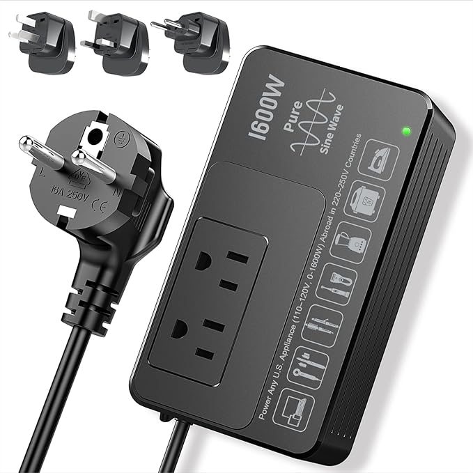 1600W 220V to 110V Voltage Converter, Pure Sine Wave, No Limitations - Power Any American Appliance Overseas, Voltage Converter US to Europe International Travel with Universal Power Plug Adapter