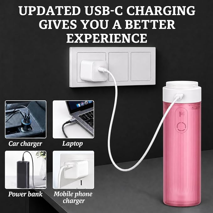 ( 180ml ) PureStream Portable Bidet for Travel – USB-C Rechargeable Handheld Sprayer with Bottle Adapter, 180° Foldable Nozzle, Adjustable Pressure Modes, Waterproof, for Men and Women ( Pink )