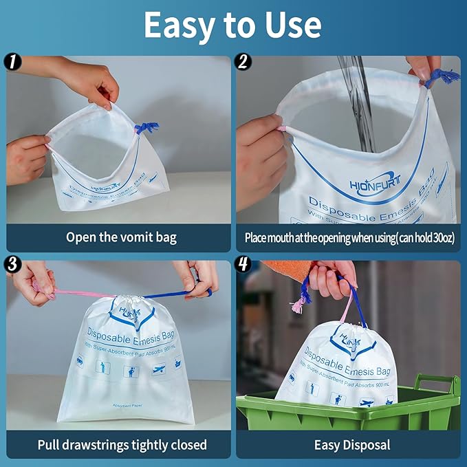 Hionfurt Absorbent Vomit Bag Disposable,12Pcs Emesis Bags-Turns Vomit into Gel,Leak Resistant Barf Bag,900ml Portable Nausea Bags for Travel Motion Sickness,Pregnancy,Kids,Taxi,car
