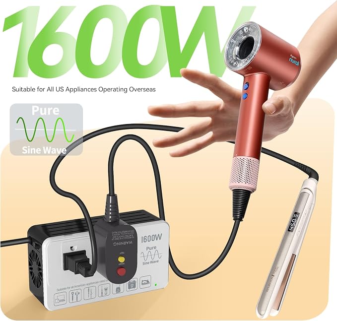 1600W Voltage Converter 220V to 110V, Pure Sine Wave - Power Any American Appliance Overseas, No Limitations, Surge Protection, Plug Adapters C, G, I, E/F for US to Europe, Asia Over 168 Countries