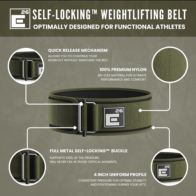 Element 26 Self-Locking Weight Lifting Belt - 4-Inch Nylon Support for Men and Women - Squat and Deadlift - Gym Training
