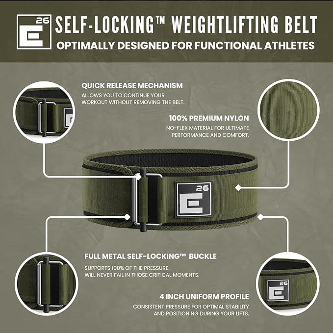 Element 26 Self-Locking Weight Lifting Belt - 4-Inch Nylon Support for Men and Women - Squat and Deadlift - Gym Training