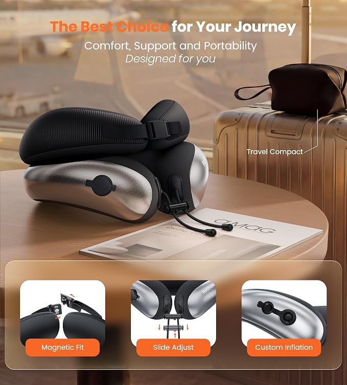 Neck Pillow for Traveling, Travel Pillows for Airplanes, Adjustable Neck Pillow Airplane Travel Essentials - 2 Layer Patented | Inflatable Air Loop & Memory Foam for 360° Ergonomic Support