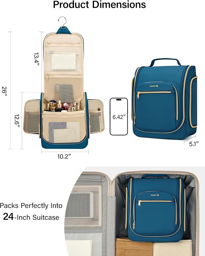 Hanke Hanging Travel Toiletry Bag for Men and Women, Water-Resistant Toiletries Bag Makeup Organizer with Hook, Cosmetic Bag for Bathroom & Travel Essentials Accessories, Navy Blue