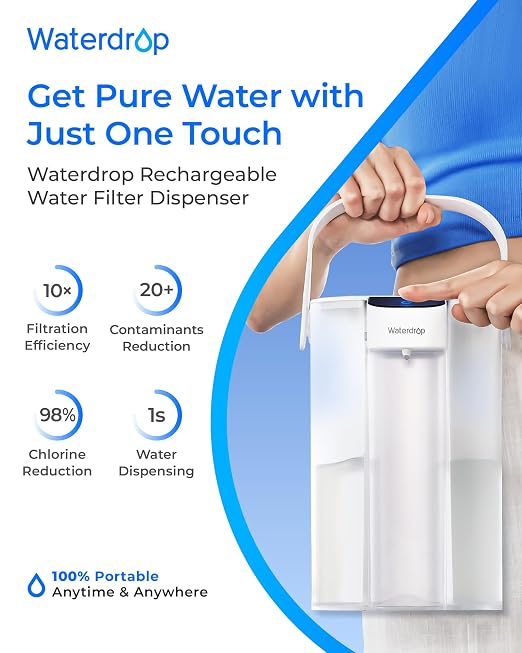 Waterdrop ED61W Water Filter Dispenser, 200-Gallon Rechargeable Water Pitcher, Instant 15-Cup Countertop System, 10X Filtration Efficiency, Reduce 98% Chlorine and 20+ Contaminants, White