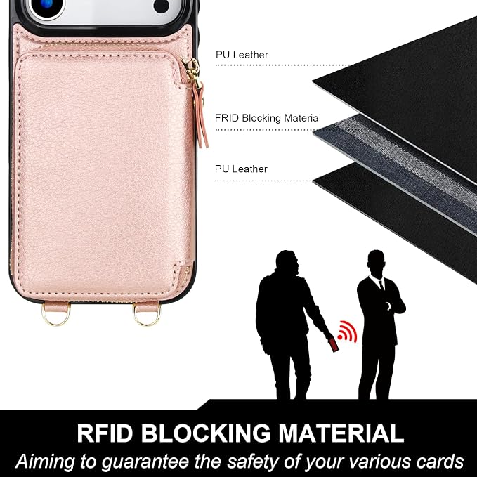 Bocasal for MagSafe Crossbody Wallet Case Compatible with iPhone 17 Pro Max, RFID Blocking Protective Purse Case with Card Slots Holder Kickstand Wrist Strap Lanyard Zipper 6.9 Inch 5G (Rose Gold)