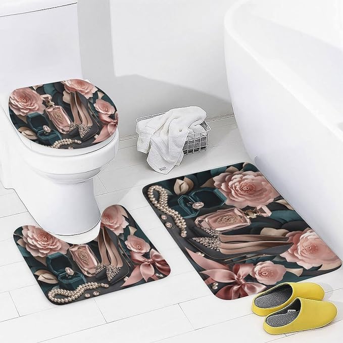 Floral Perfume Jewelry Heels Bathroom Rug Set 4 Piece with Shower Curtain Non Slip Bath Mat Set Microfiber Bathroom Decor Toilet Lid Cover U Shape Rug Waterproof Bathroom Accessories