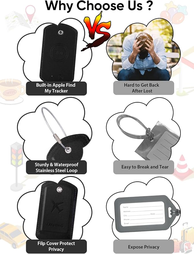 Luggage Tags Built-in Anti-Loss Tracker, Luxury Leather Luggage Tags for Suitcase, Travel Bags, Backpacks, Travel Organizer for Lost Baggage Prevention (S-Black)