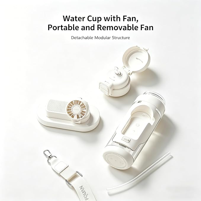 CRILEAL 2-in-1 Water Bottle with Foldable Fan, 690ml Portable Cooling Cup with Straw, 3-Speed USB-C Rechargeable Built-In Fan Bottle for Travel, Hiking, Beach and Summer Outdoor Use, White