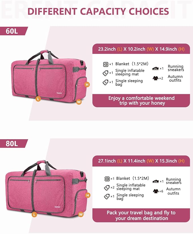 Gonex Large Foldable Travel Duffle Bag with Shoes Compartment, Packable Lightweight Water Repellent Duffel Bag for Camping Gym Weekender Bag