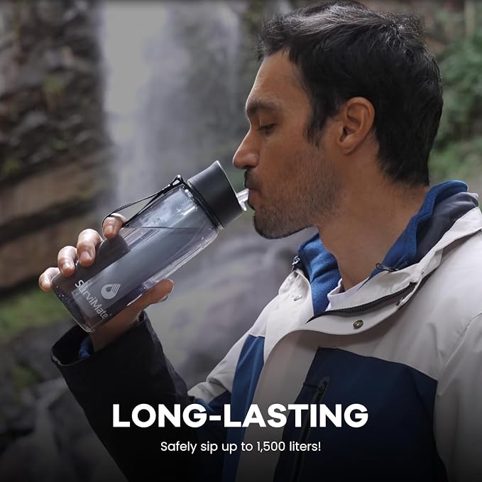 Survimate 5-Stage 0.01μm Ultra-Filtration Filtered Water Bottle, BPA-Free Material, NSF/ANSI 42 Certified, Portable Water Filter Bottle for Survival, Camping, Hiking, and Emergency Use