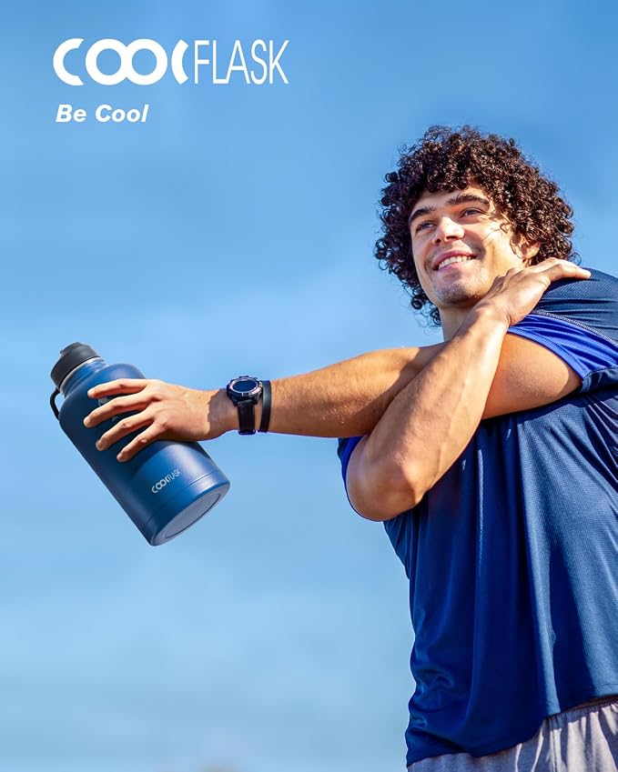 Water Bottle Insulated 64 oz with Straw & 3 Lids, Coolflask Half Gallon Water Jug Large Metal Stainless Steel Wide Mouth for Sports, Gym or Office, Non-BPA Keep Cold 48H Hot 24H, King's Blue