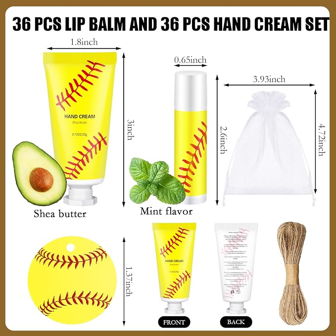 144 Pcs Lip Balm Hand Cream Set Party Favors, Include 36 Lip Balm 36 Moisturizing Hand Cream 36 Bags 36 Cards and Ropes for Accessories Gifts(Yellow,Softball)