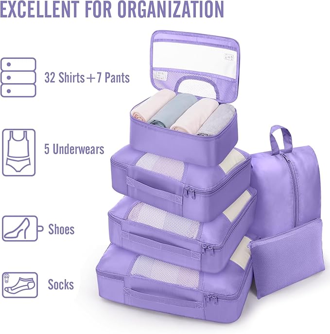 Veken 8 Set Packing Cubes for Travel Essentials, Suitcase Organizer Bags in 4 Sizes, Carry-On Luggage Accessories with Large Laundry Bag & Passport Holder, Must-Have for Airplane, Road Trip & Camping