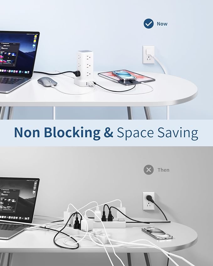 Extension Cord with Multiple Outlets, SMALLRT Flat Plug Surge Protector Power Strip Tower, Power Bars with USB 12 AC Outlets, 16.5FT Ultra Thin Extension Cord for Home Office, Overload Protection