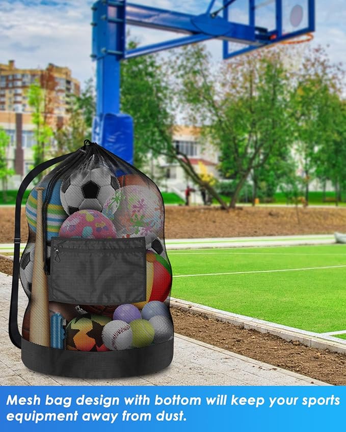 BROTOU Heavy Duty Soccer Ball Net Bag(100L Extra Large Capacity 10-12Balls), Drawstring Mesh Ball Bag with Zipper Pocket, Sports Equipment Storage Organizer Hold for Gym, Beach, Cloth, Swimming Gears