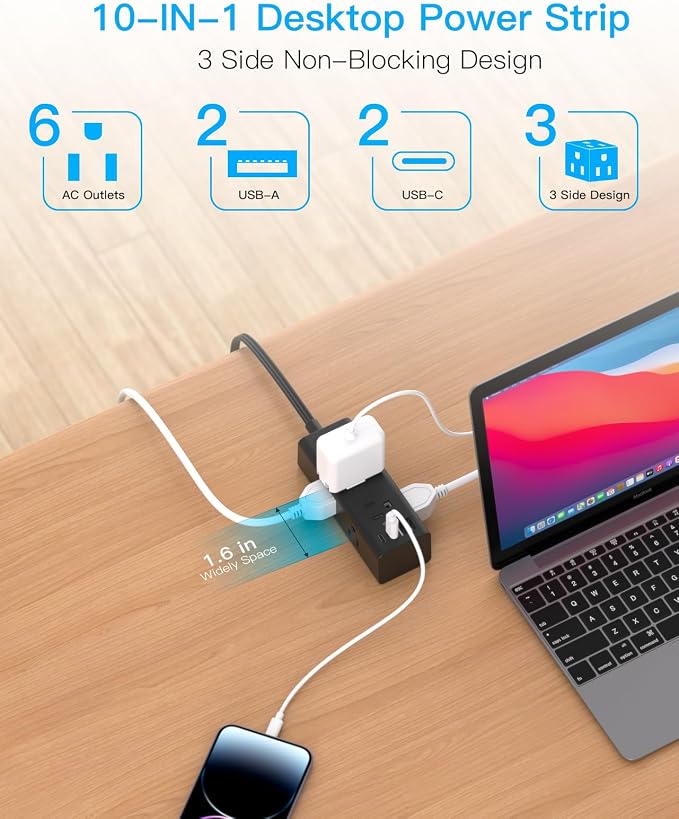 25Ft Extension Cord with Multiple Outlets, Flat Plug Power Strip Surge Protector with 20 Ft Long Cord, 6 Outlet 4 USB Ports (2 USB C), Multi Outlet Wall Plug for College, Dorm Room Essentials(Black)