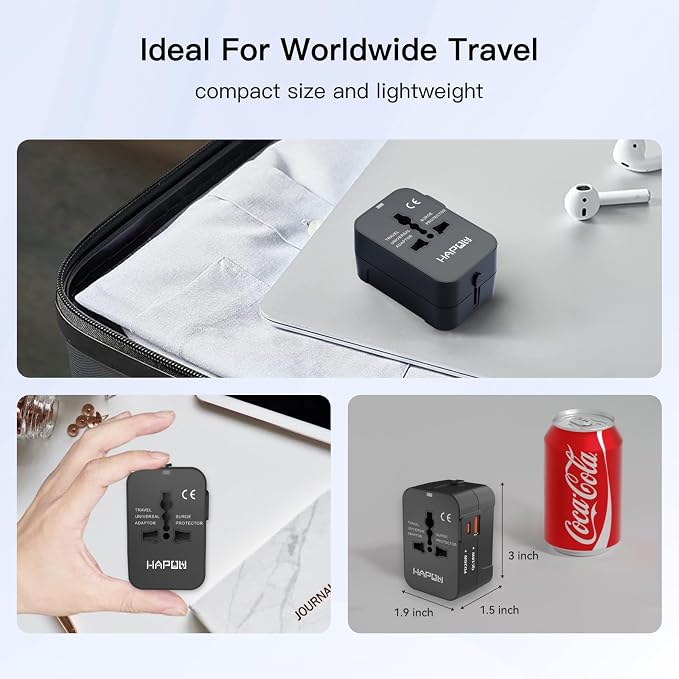 HAPOW Universal Travel Adapter - 1 USB-C & 1 USB-A Fast Charging Travel Charger, Worldwide Plug Adapter for EU UK USA AU, Black