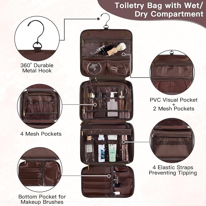 Personalized Gifts 3-in-1 Hanging Travel Toiletry Bag for Men, Laser-Engraved Initial Waterproof PU Leather Shaving Bag Valentines Easter Birthday Gifts for Men Dad Husband Son Dark Brown P