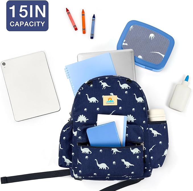 STEAMEDBUN Corduroy Kids Backpack for Boys and Girls 5-8: Boys Backpack for Elementary Kindergarten - 15 inch Cute Backpacks for Kids - Car