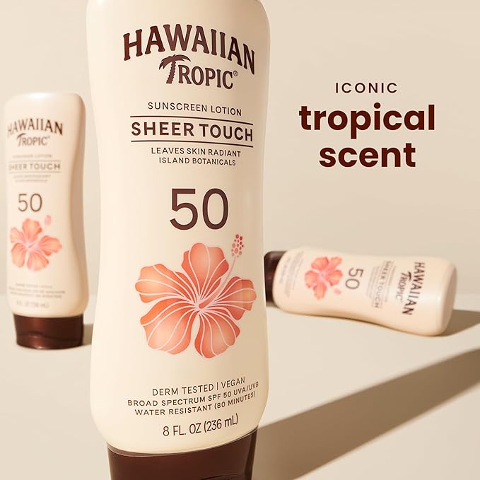 Hawaiian Tropic Sheer Touch Ultra Radiance Lotion Sunscreen SPF 50, 8 Fl Oz Twin Pack, Hawaiian Tropic Sunscreen SPF 50, Sunblock, Oxybenzone Free Sunscreen, Body Sunscreen Pack, 8 Fl Oz each