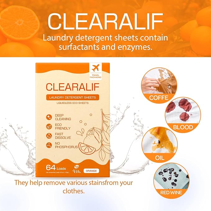 CLEARALIF Laundry Detergent Sheets, Orange, 64 Load, CLEARALIF Laundry Detergent Strips Eco Friendly & Hypoallergenic