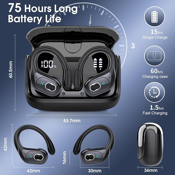 Wireless Earbuds 75hrs Bluetooth 5.4 Headphone Sport, 2026 Bluetooth Earbuds Stereo Deep Bass Over Ear Bud with Earhooks, ENC Noise Cancelling Mic, IPX7 Waterproof Earphone for Gym/Running/Workout