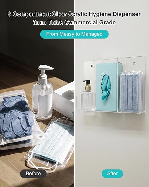 Acrylic Hygiene Station, 3 Compartment Clear Hygiene Supply Dispenser, Wall-Mountable or Countertop PPE Station for Face Masks Gloves Hand Sanitizer Tissues for Office Clinic Restaurant School