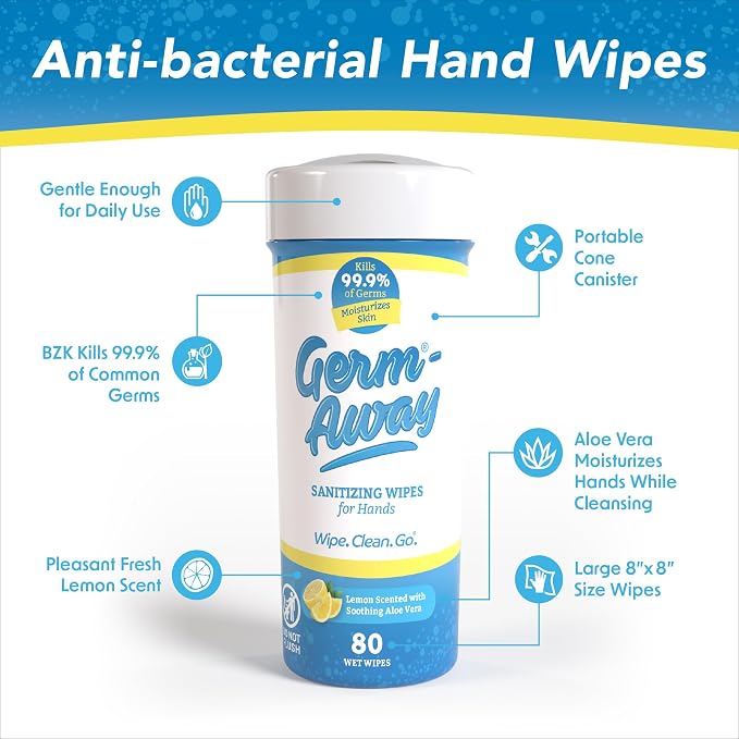 Hand Antibacterial Wipes - Hand Sanitizing Wipes for Kids & Adults, Great for Auto - Fits in Cup Holder, Lemon Scent, 80 Count (Pack of 6)