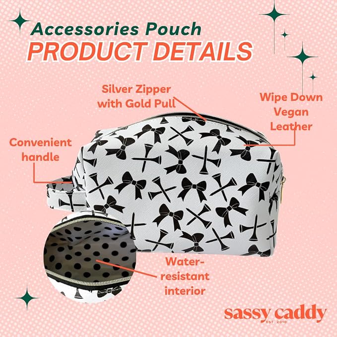 Sassy Caddy Black and White Tees and Bows Makeup Bag for Women – Golf Accessory Pouch, PU Leather Cosmetic Organizer, Sunscreen Toiletry Case with Handle, Water-Repellent Lining, Cute Travel Gift