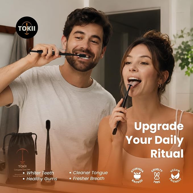 TOKII Tongue Scraper & Tongue Cleaner for Adults, 2-in-1 Toothbrush with Sliding Tongue Scraper, Charcoal Ultra Soft Bristles, Ayurvedic-Inspired, Includes Travel Toothbrush, Stand & Waterproof Pouch