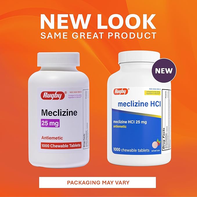 Rugby Meclizine Chewable Tablets 25mg - Anti-Nausea Support Helps with Symptoms of Motion Sickness - 1,000 Count