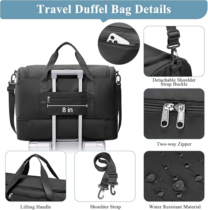 Large Travel Duffle Bag,Carry on Overnight Weekend Bag with Shoes Compartment,Weekender Bags for Women for Travel Business Trips Sport Hospital,3 Pcs Set,Black