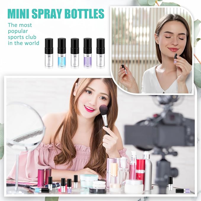 Zhehao 100 Pcs Mini Spray Bottles 2 ml Clear Glass Perfume Bottles Refillable Fine Mist Perfume Atomizer Portable Empty Sample Containers for Cleaning, Essential Oils, Travel (Black Cap)
