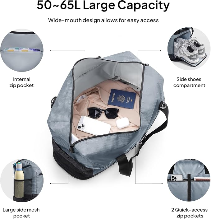TOPEAST Foldable Travel Bag for Men & Women, 65L Weekender Overnight Duffle Bag for Travel, Expandable Airline Approved Carry-On with Shoe Compartment, Lightweight Personal Item Bag, Water-resistant