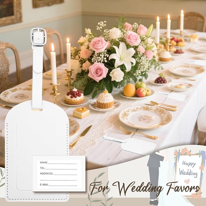 48 Pack Leather Luggage Tags PU Leather with Name ID Card Wedding Favors for Guests Bridal Shower Gifts (White)