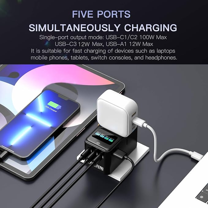 200W GaN Universal Travel Adapter with Smart Display, International Power Adapter with 3 USB-C & 1 USB-A Charging Ports, Travel Plug Adapter Worldwide for US to European UK AUS Ireland