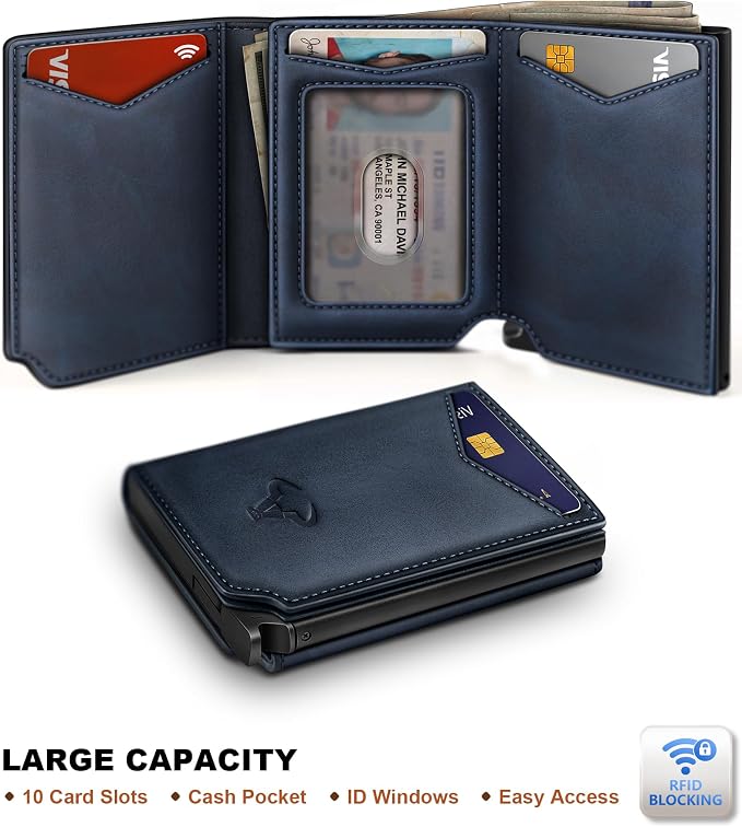 BULLIANT Men Wallet Leather Wallet Card Holders Money Clip for Men 10Cards-Magnetic Flip on Metal Case