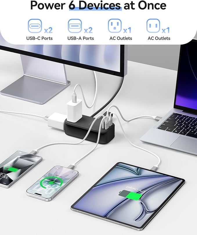 ORICO 100W GaN Power Strip for Laptop, 6 in 1 Multiple Outlets Extension Cord(2 AC Outlets, 2 USB-A, 2 USB-C Ports), 5ft Wrapped Flat Plug for Travel/Office ETL Listed