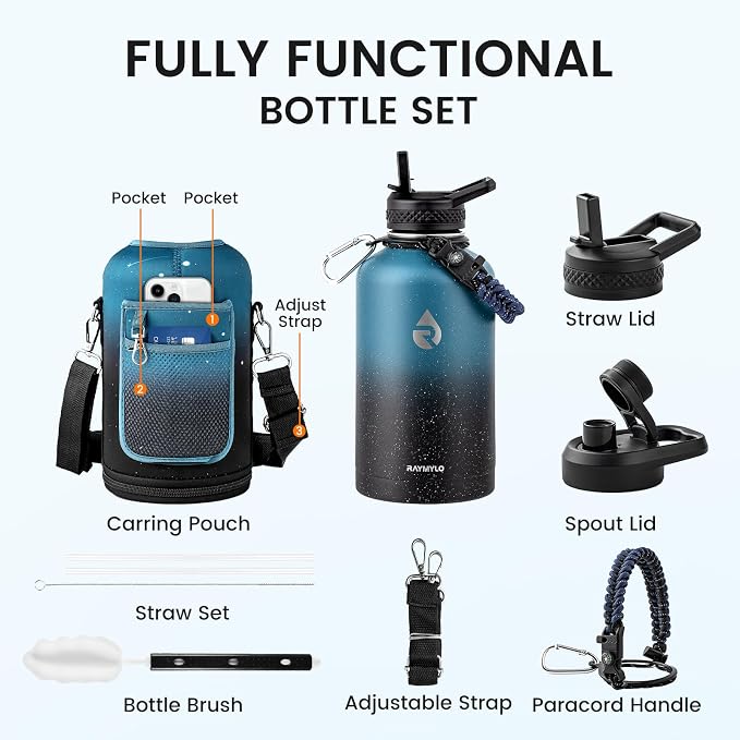RAYMYLO Insulated Water Bottle 64 oz, Triple Wall Vacuum Stainless Steel (Cold for 48 Hrs), Leak Proof & Non-BPA, Half Gallon Water Flask Jug with Paracord Handle & Straw Spout Lids