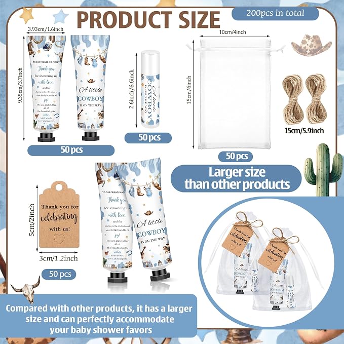 50 Sets 200 Pcs Cowboy Baby Shower Gifts Bulk Hand Lotion and Lip Balm Party Favors a Little Cowboy Is on The Way Theme Baby Shower Travel Size Hand Lotion and Lip Balm with Organza Bags Tags