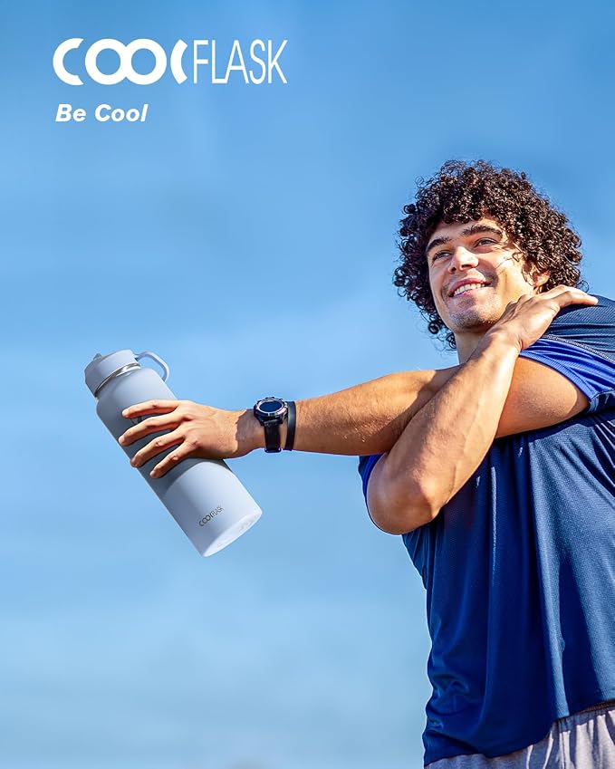 Water Bottle 40 oz Insulated with Straw&Brush, Coolflask Vaccum Stainless Steel Metal 3 Lids Water Flask for Sports, Gym or Office, Keep Cold 48H Hot 24H, Light Blue