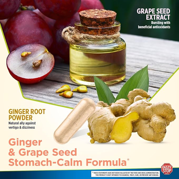 Dizzy Stop Dr. Barton's Vertigo Relief Products with Ginger and Grape Seed - Non-Drowsy Motion Sickness Pills for Dizziness Relief and Inner Ear Balance - (80 Count – Pack of 3)