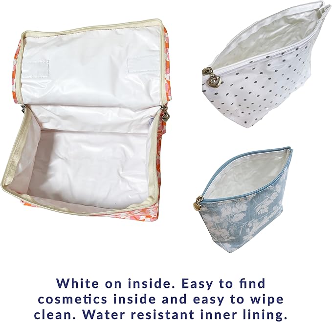Jacaranda Living Large Cosmetic Bag – Water-Resistant Makeup & Toiletry Bag with PVC-Lined Interior, Travel Beauty Organizer, Floral Denim