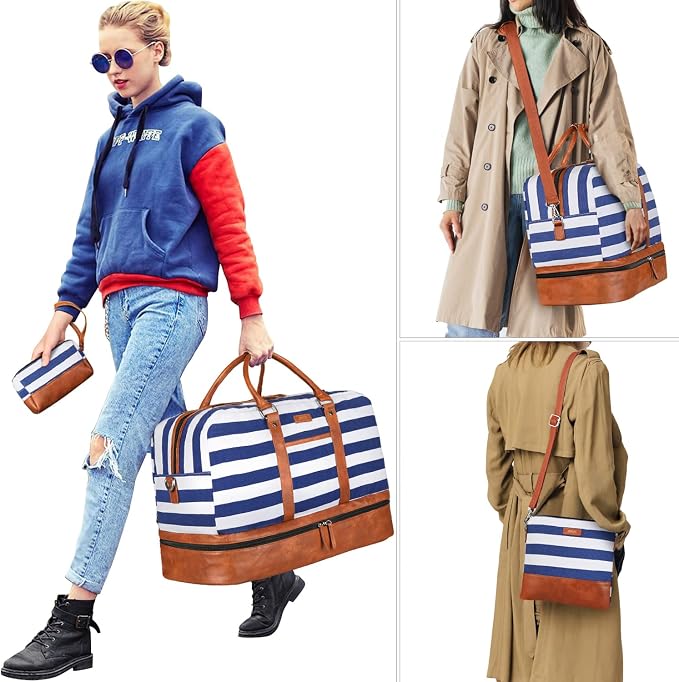 Weekender Bag for Women, Large Overnight Bag Canvas Travel Duffel Bag Carry On Tote with Shoe Compartment 21" 3Pcs Set